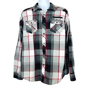 Eighty Eight Platinum Mens XL Long Sleeved Black Red Plaid Shirt Roll Tab Sleeve